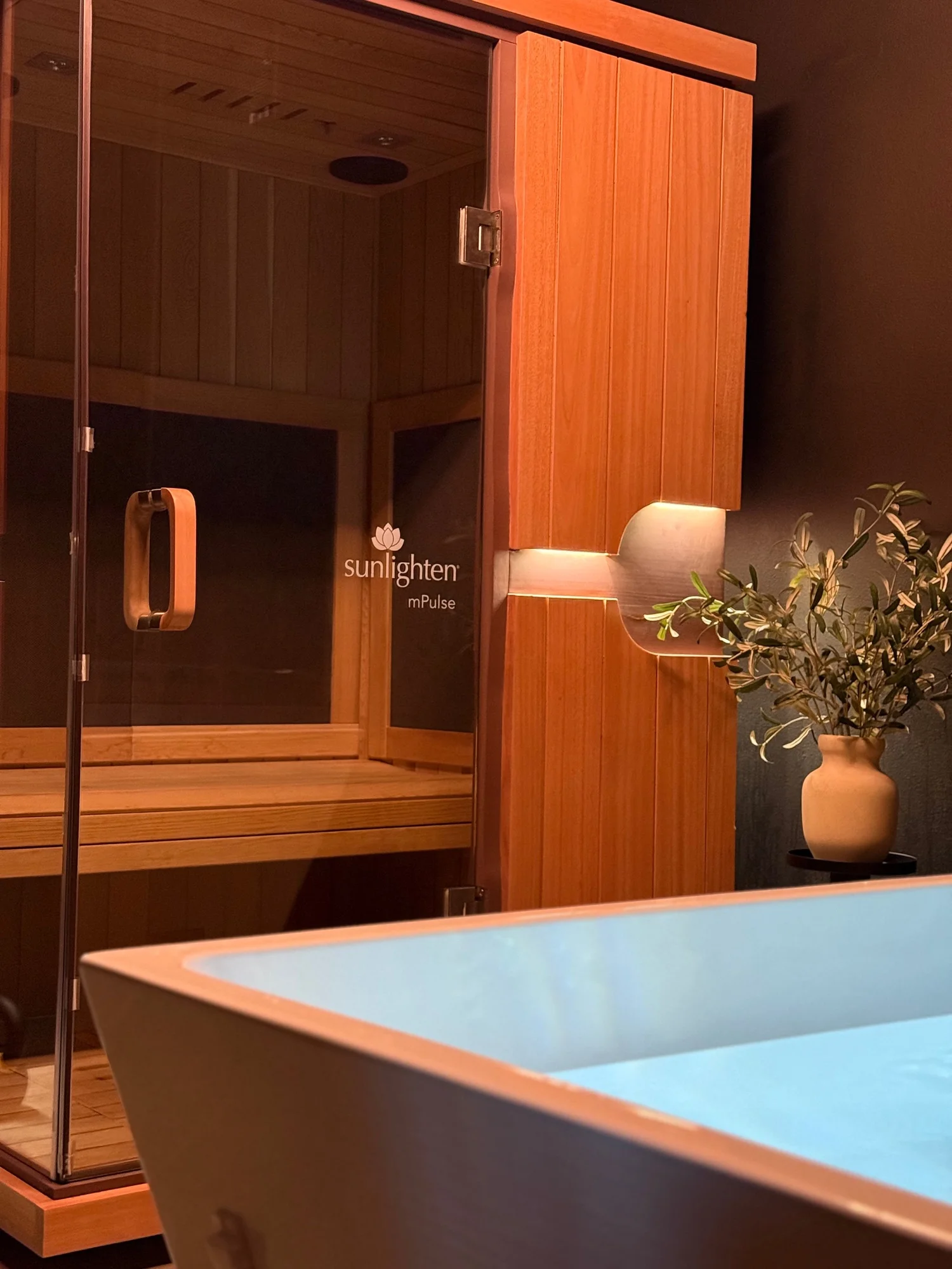 An infrared sauna with a glowing glass door beside a cold plunge tub filled with pale blue water